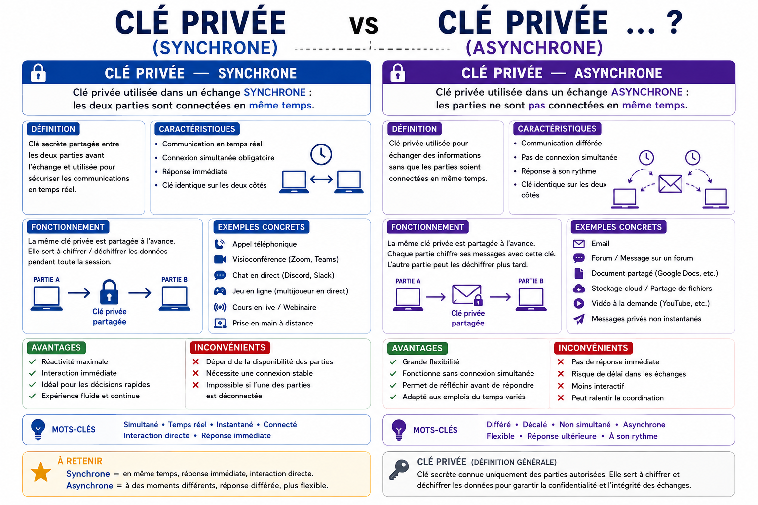 Clé privée — Synchrone vs asynchrone — Comparaison visuelle des deux modes de communication